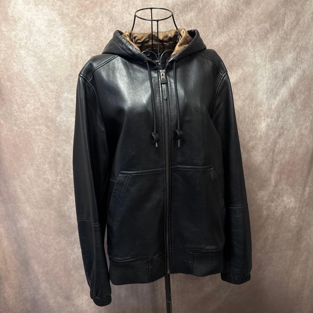 COACH レザーパーカー ラムレザー L フード付き ジップアップ ブラック
