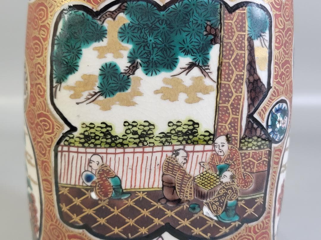 九谷 庄三造 金彩赤絵 花瓶 明治期 DT312