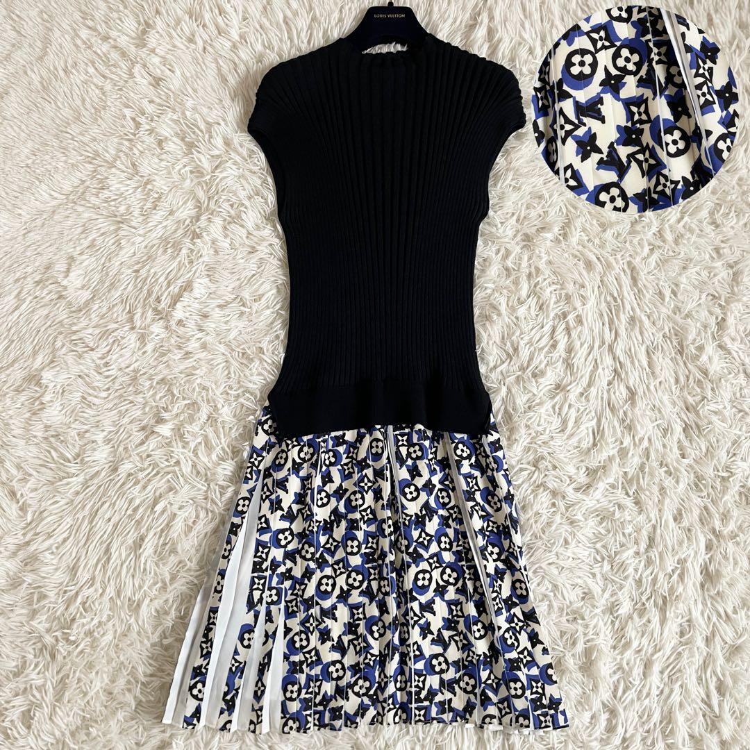 極美品　ルイヴィトン　ニットワンピース　モノグラム　ウール　プリーツ　切替　黒