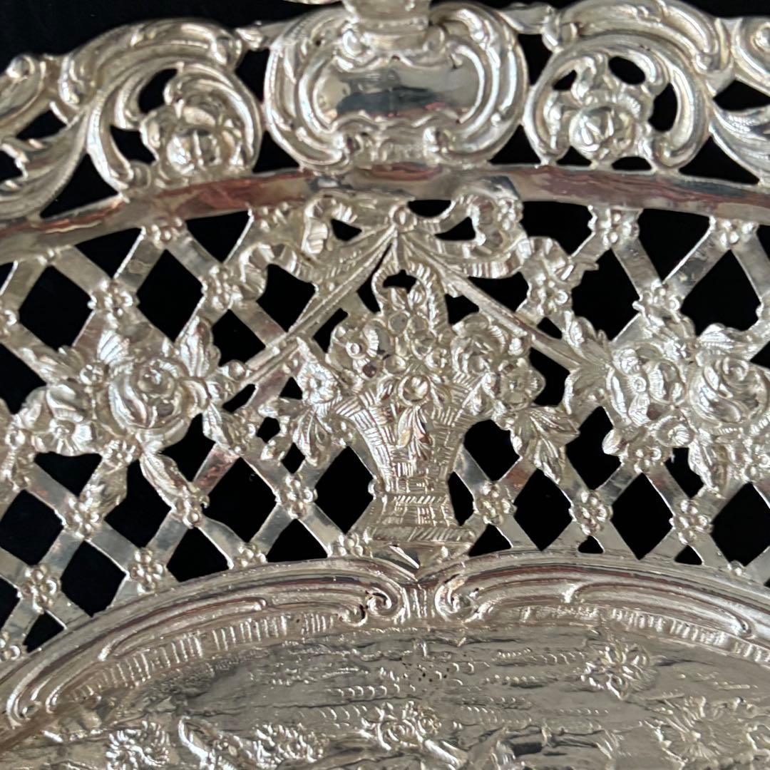 ドイツ製　アンティークシルバー　バスケット　ピアス細工　ロココ　リボン　天使