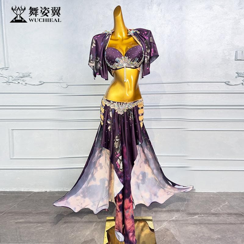 ベリーダンス衣装 パープル花柄 ブラ＆ロングスカート 高級ステージ衣装