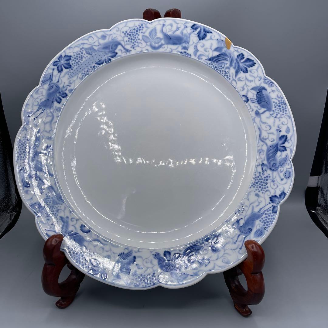 希少　幻の明治伊万里　精磁会社謹製　染付霊獣文ディナー大皿　金継ぎ有り