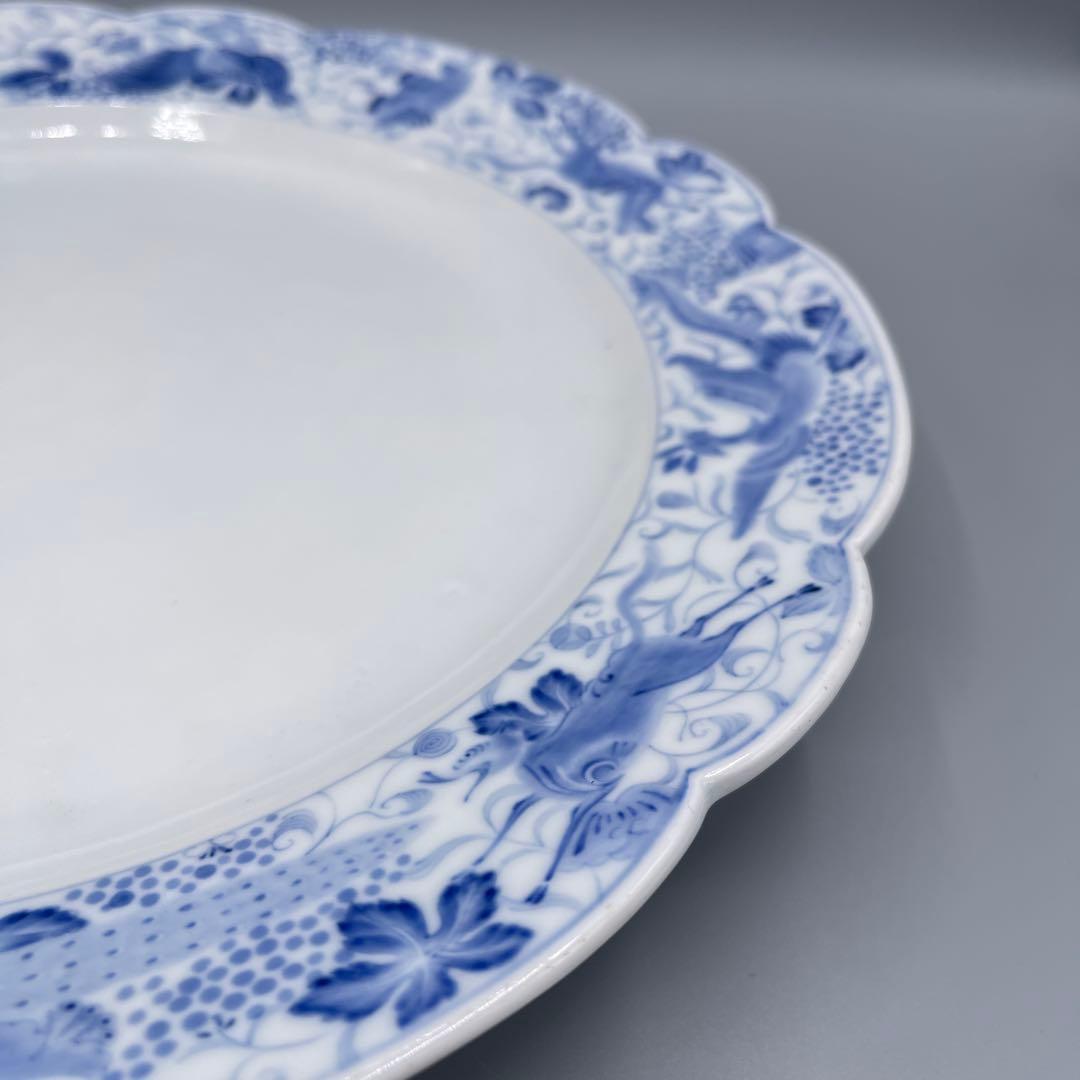 希少　幻の明治伊万里　精磁会社謹製　染付霊獣文ディナー大皿　金継ぎ有り