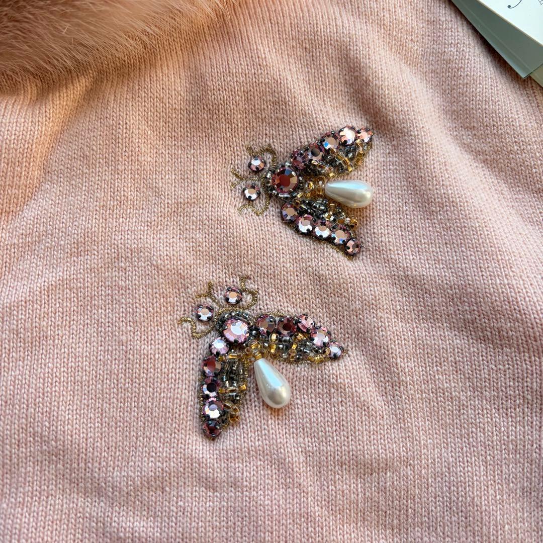 新品タグ付 ブルマリン ミンクファー襟付き カシミヤ混ビジューニットカーディガン