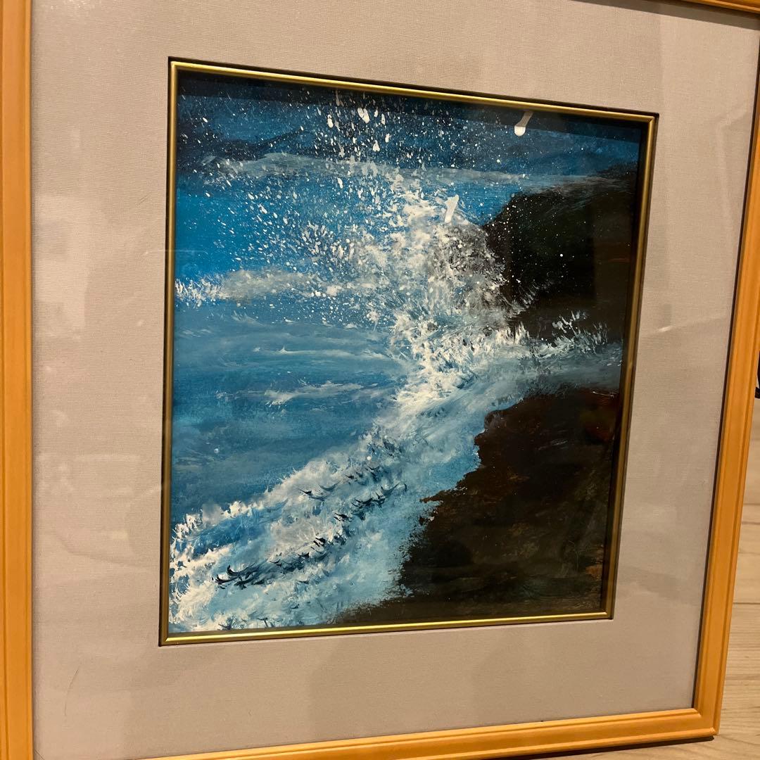 海の波 油彩画 木製フレーム付き37✖️30