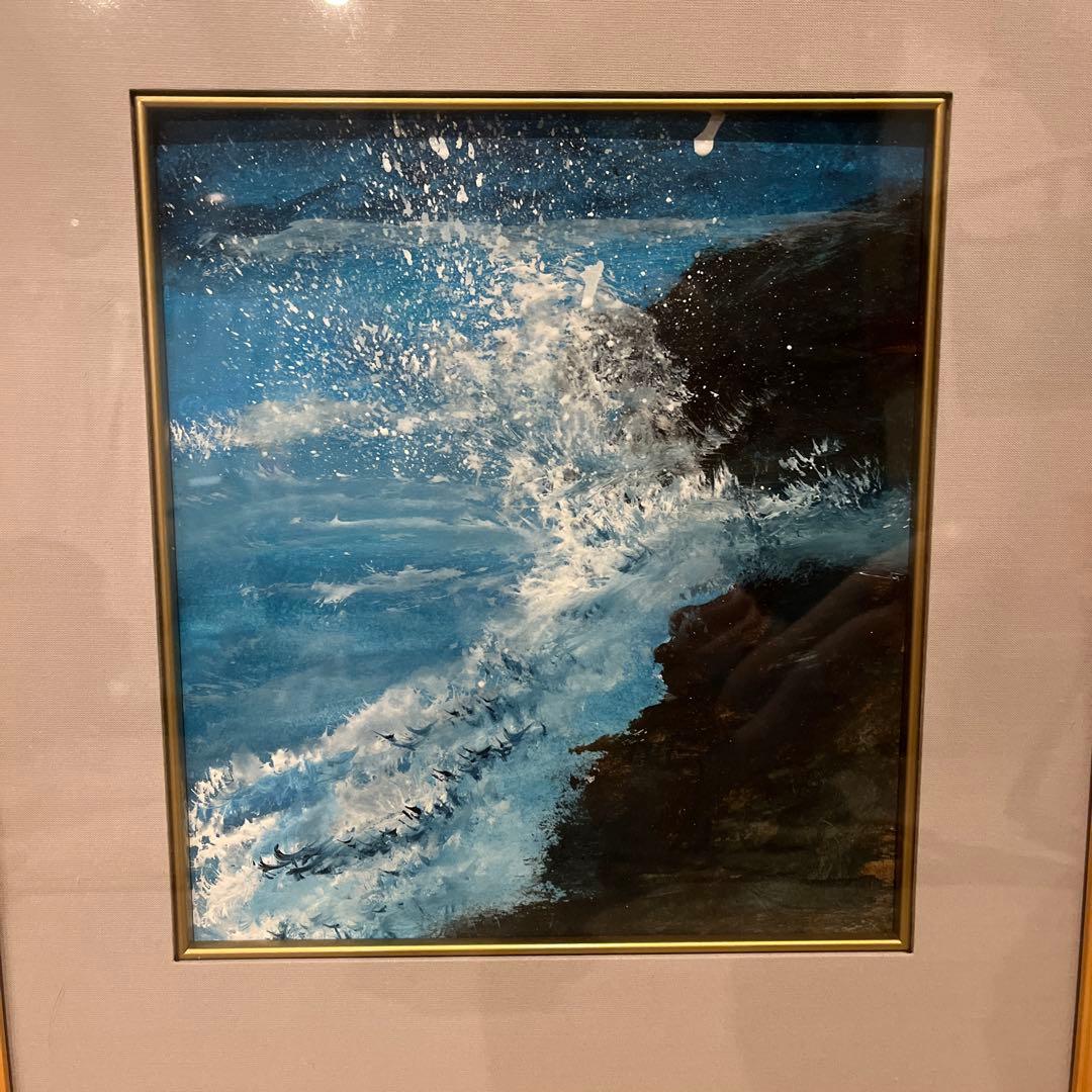 海の波 油彩画 木製フレーム付き37✖️30