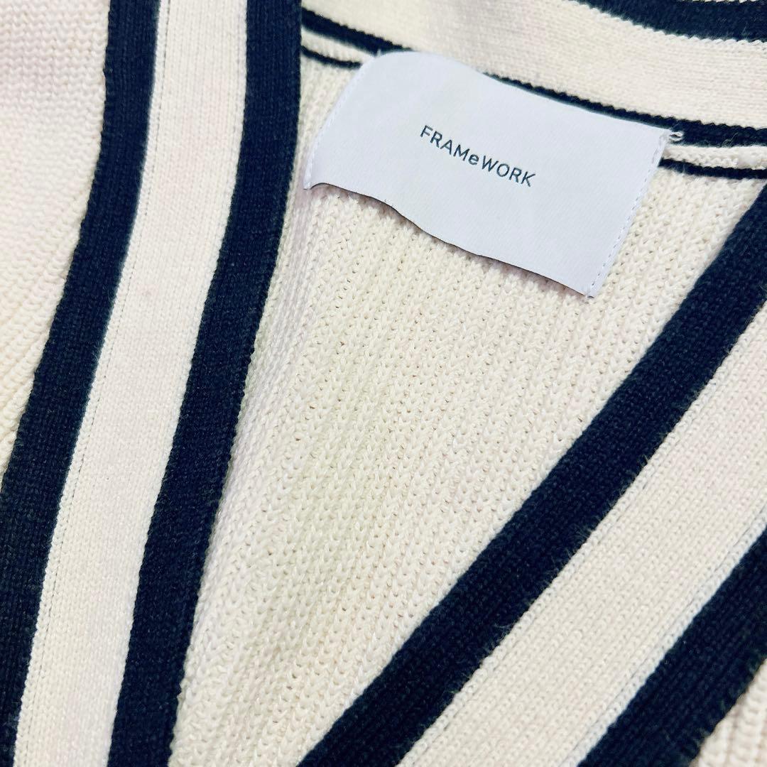 フレームワーク　ライン畦ニットカーディガン　アイボリー　金ボタン　リネン混