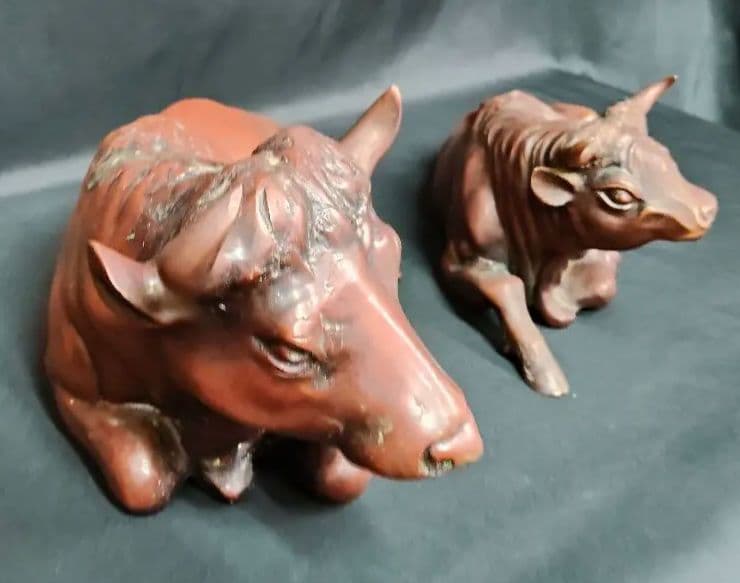 【重量9.6kg】銅製 臥牛 置物 在銘 親子 牛 縁起物 オブジェ 骨董