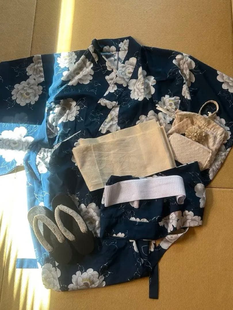 創美苑　浴衣　7点セット　巾着バック　下駄　ネイビー　花柄　セパレート浴衣