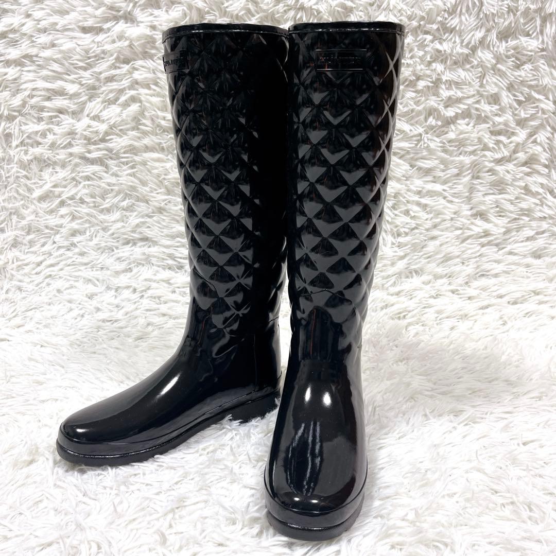 未使用級✨ハンター リファインドグロスキルトトールレインブーツ ブラック25cm