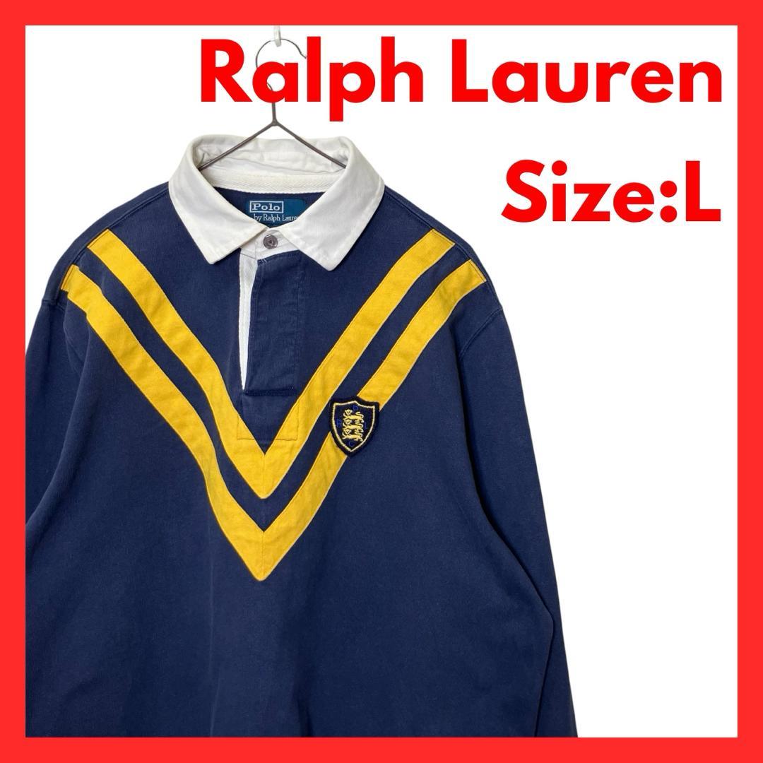 【美品】古着　ラルフローレン　ラガーシャツ　クレストワッペン　ネイビー　L