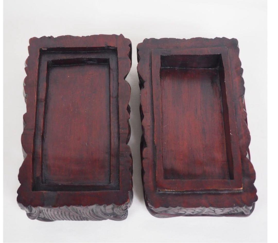 送料無料　時代物　唐木花梨　龍彫刻刳貫小箱