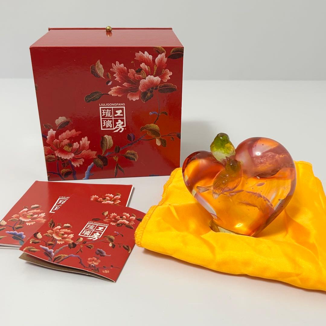 琉璃工房 LIULI カササギ ハート型 ガラス工芸 置物 オブジェ 恋愛運