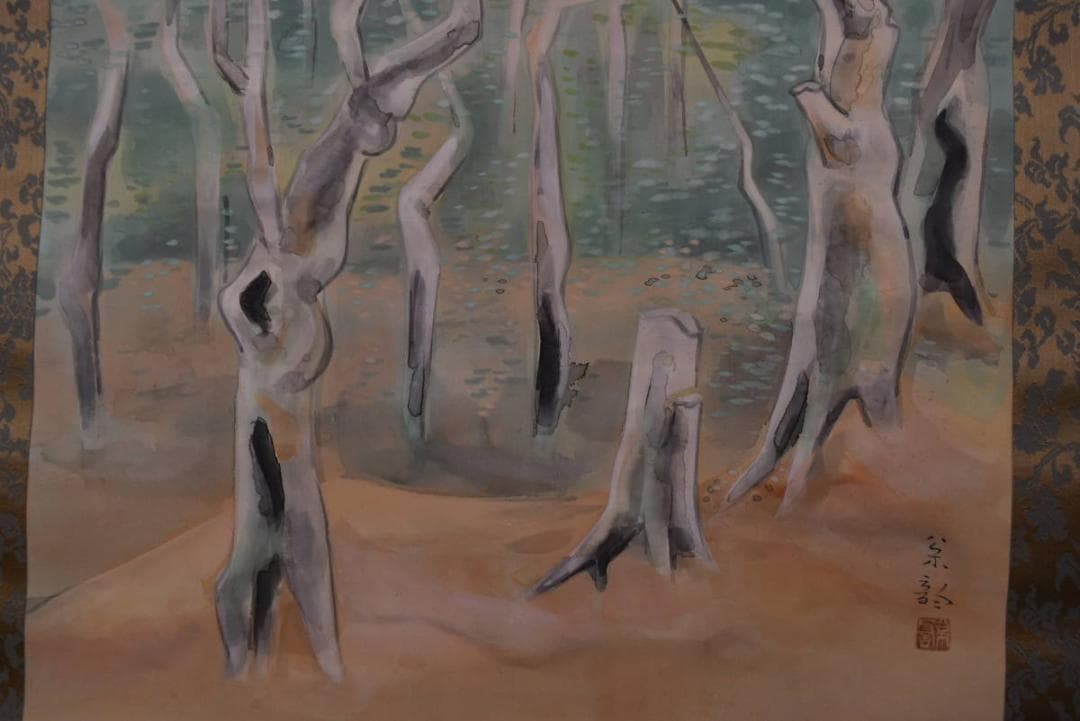 【真作】野村松韵/新樹/新緑小禽図/掛軸/名家伝来/Z-897