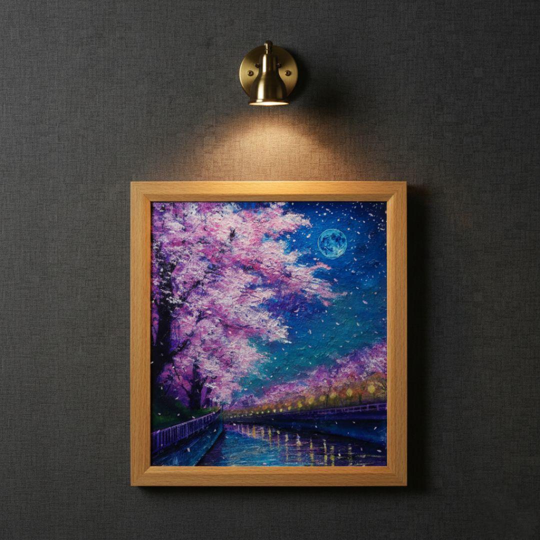 油絵 油彩 油彩画 絵画 絵【青い満月の夜桜】