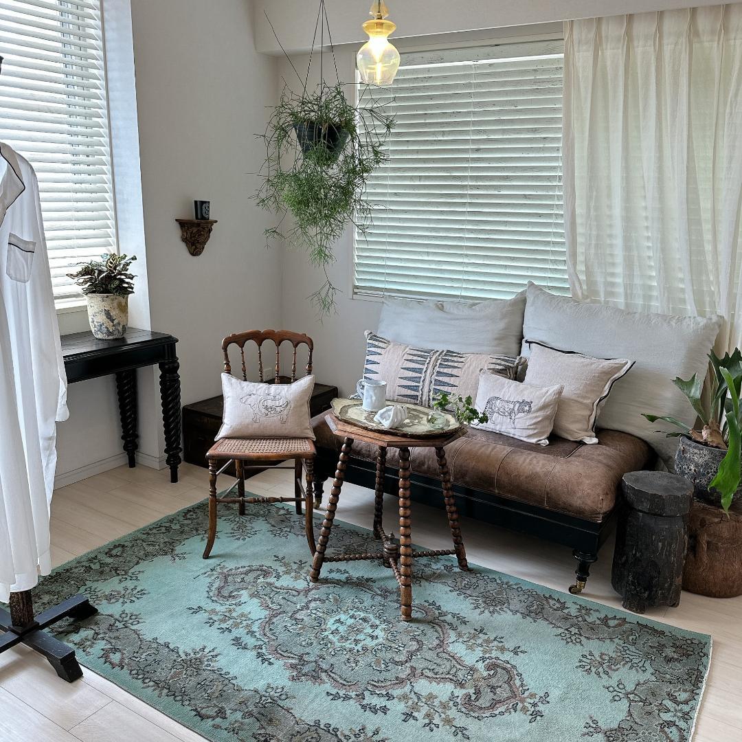 トルコ ヴィンテージラグ A58 ターコイズブルー カーキ ピンク オーバーダイ