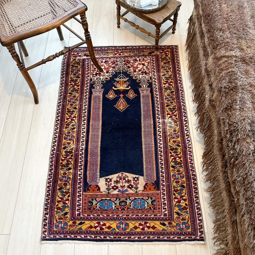 トルコ製ヴィンテージラグ838レア 高級 カイセリ ネイビー イエロー ピンク