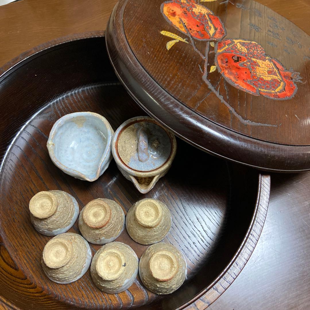 期間限定お値引き‼️烏城彫　茶櫃(ちゃびつ) 梅とザクロ　萩焼セット付き