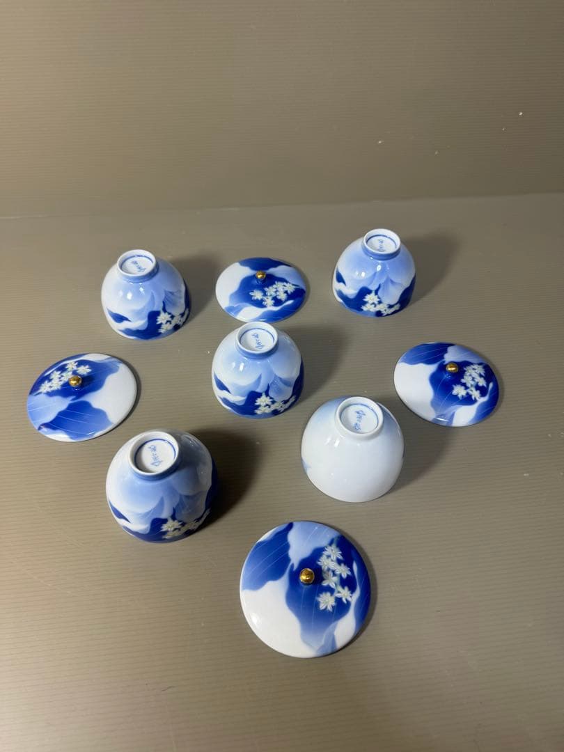 2386 深川製磁　白い花　湯呑　蓋付き　5客　未使用