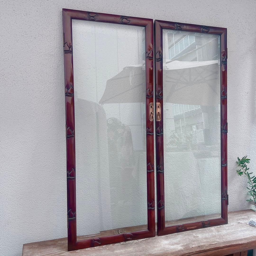 美品　中国の古い装飾扉　ドア　竹模様　木製　観音扉　両面ガラス　建具