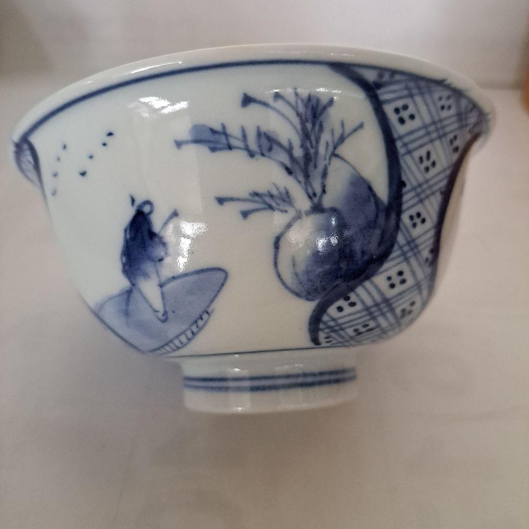 お値下げ中　　中国古玩　明時代　盛化年　薄焼　反縁椀　染付青磁　縦三割文