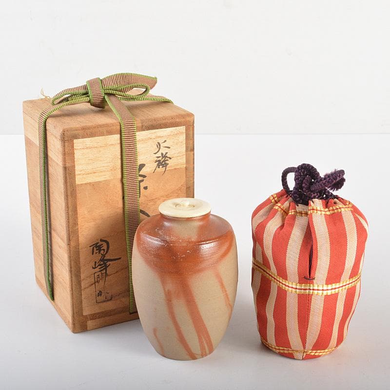 備前焼　木村陶峰作　火欅　肩衝茶入　仕覆付　共箱　V　R6896