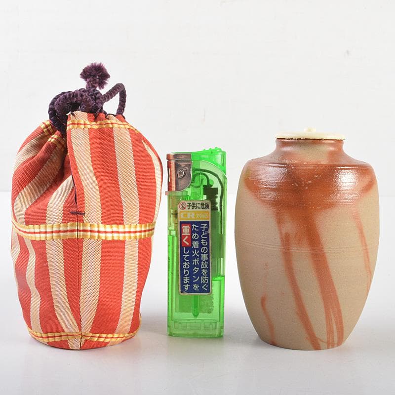 備前焼　木村陶峰作　火欅　肩衝茶入　仕覆付　共箱　V　R6896