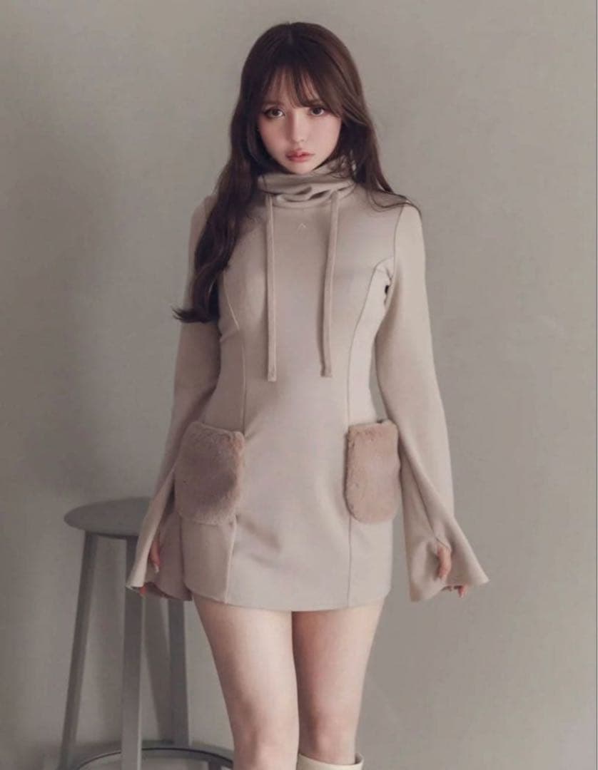 andmary Fur pocket mini dress ベージュ