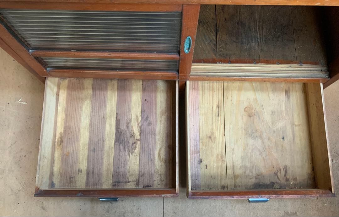 古い木全面モールガラス　収納陳列棚引き出し4杯　レトロ昭和ガラス古家具