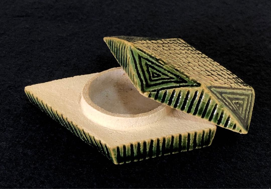 《R》茶道具 織部 香合 小森松庵造 共布 共箱　260209け1