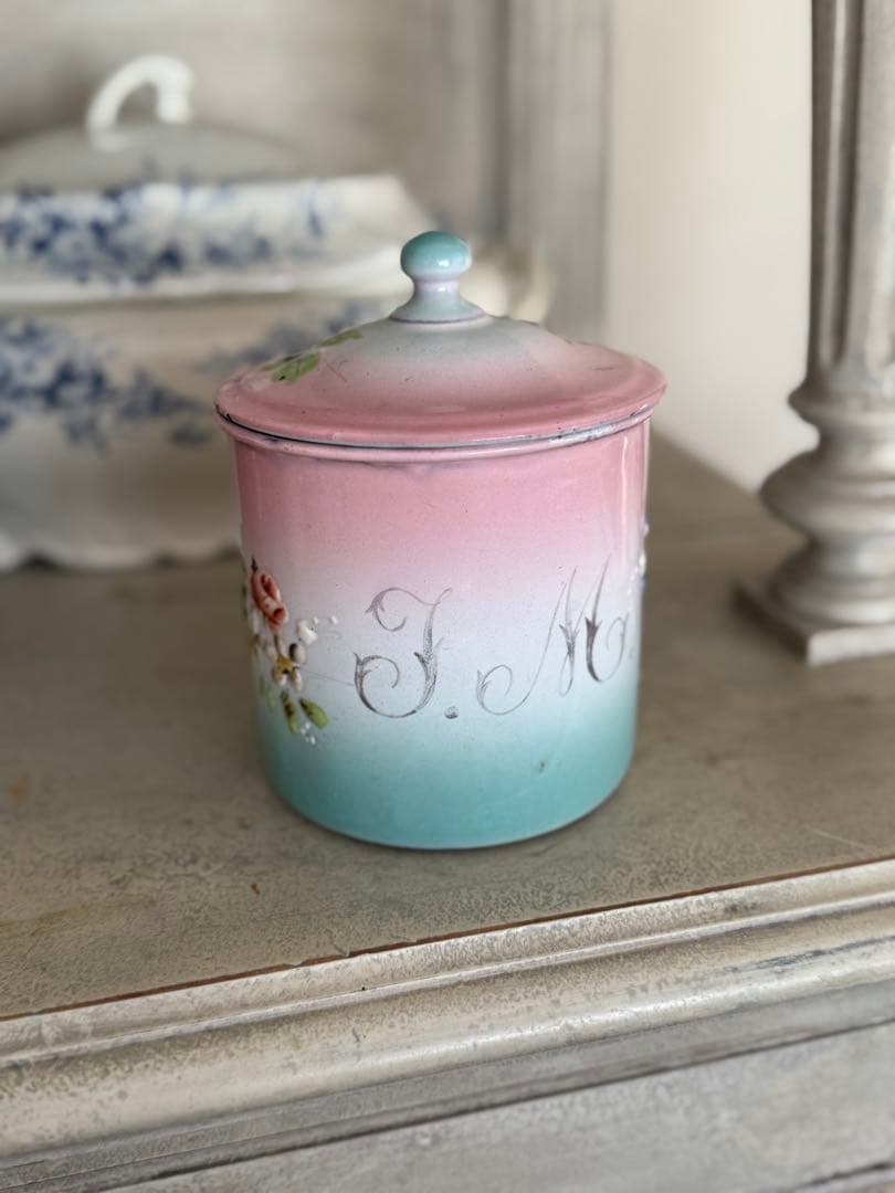 フランスアンティークホーロージャピー社ハンドペイントのマリアージュキャニスター