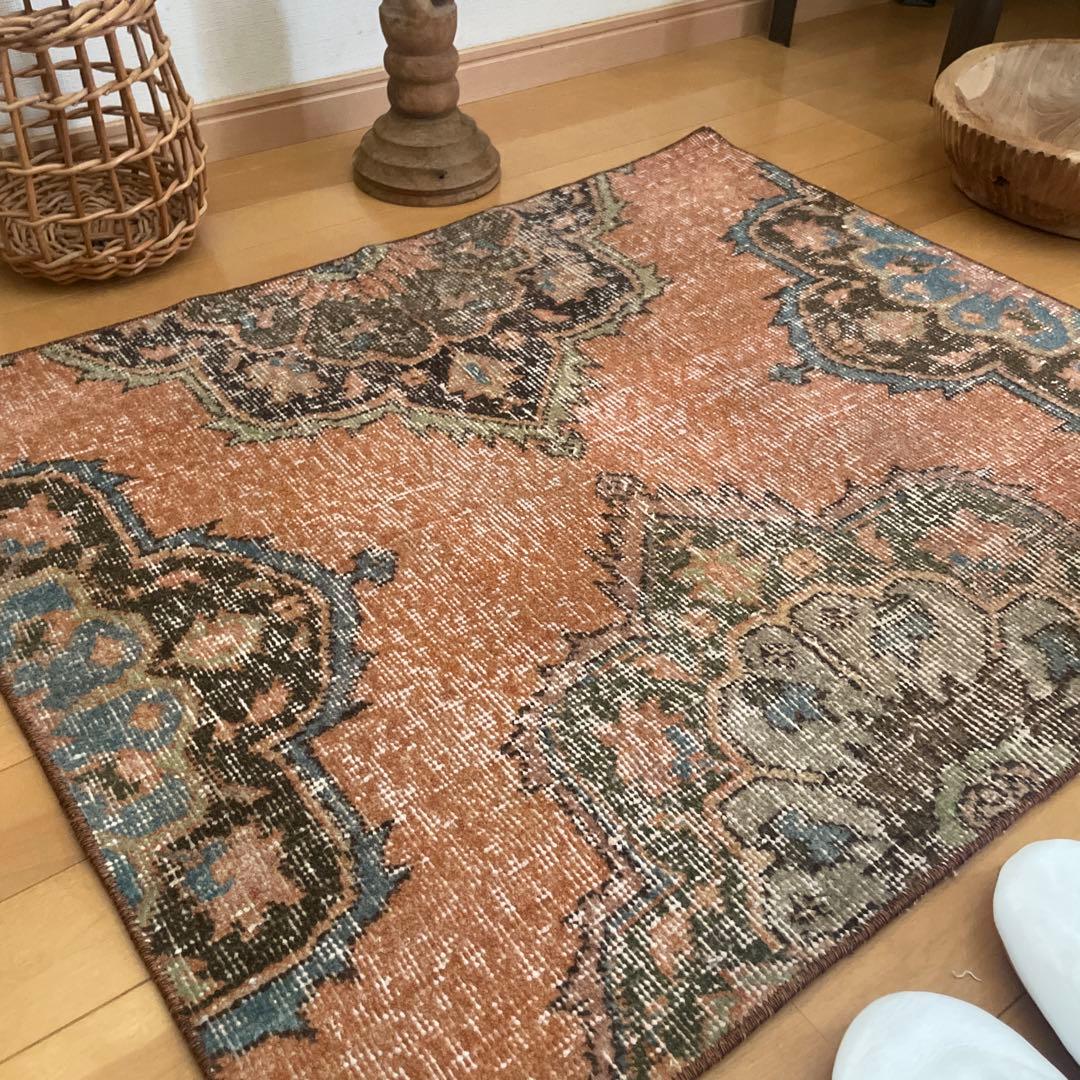 72×86 テラコッタカラー　オリエンタル柄 トルコヴィンテージラグ