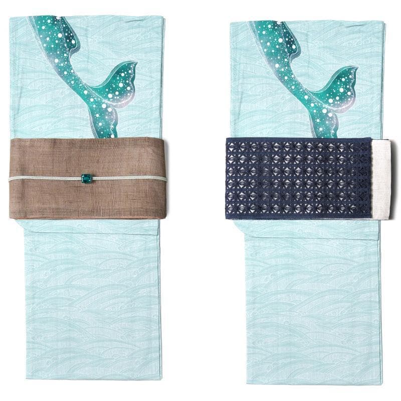 ★ミントグリーン地にクジラと波柄★めずらしい絵羽浴衣★夏きもの大人の浴衣