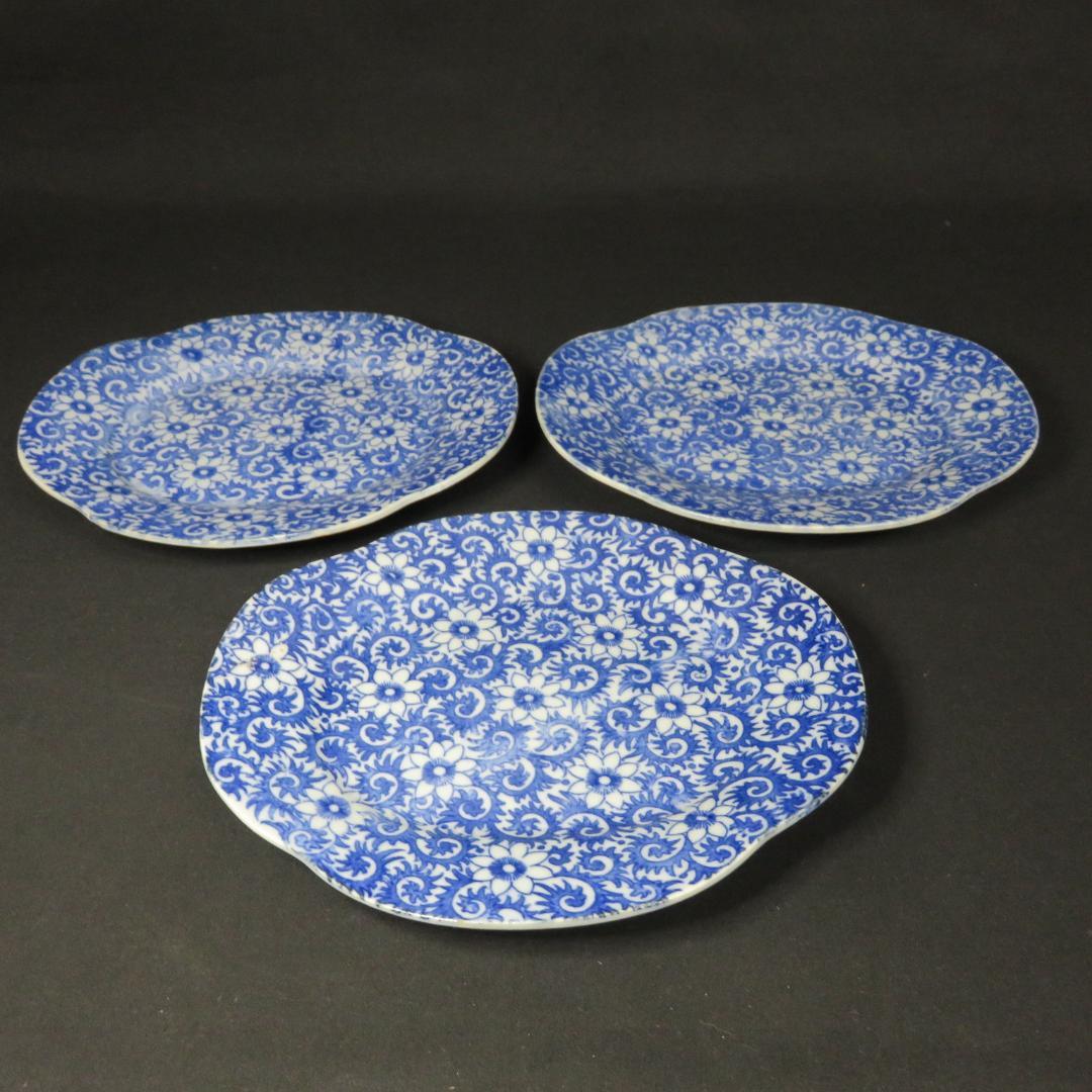 長丸皿 3枚 歪み 変形皿 花唐草 印判 染付 明治 大正