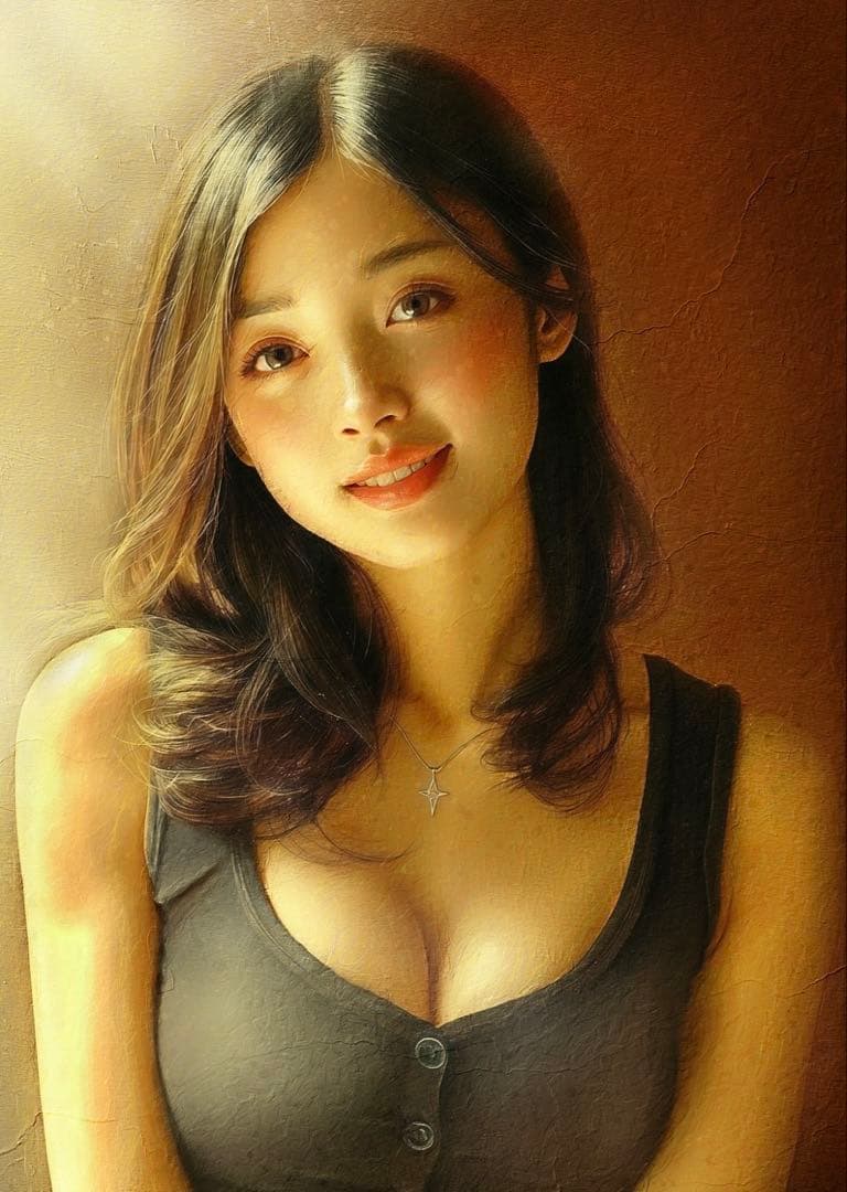 【光り輝く笑顔の美しい女性の絵】油絵風の肖像画・人物画