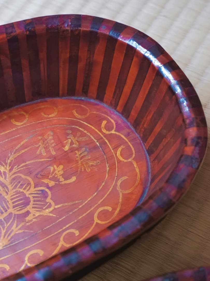 永辰祥造　唐木　寄木煙草盆　漆工芸　箱付　煙道具　茶道具Q2330