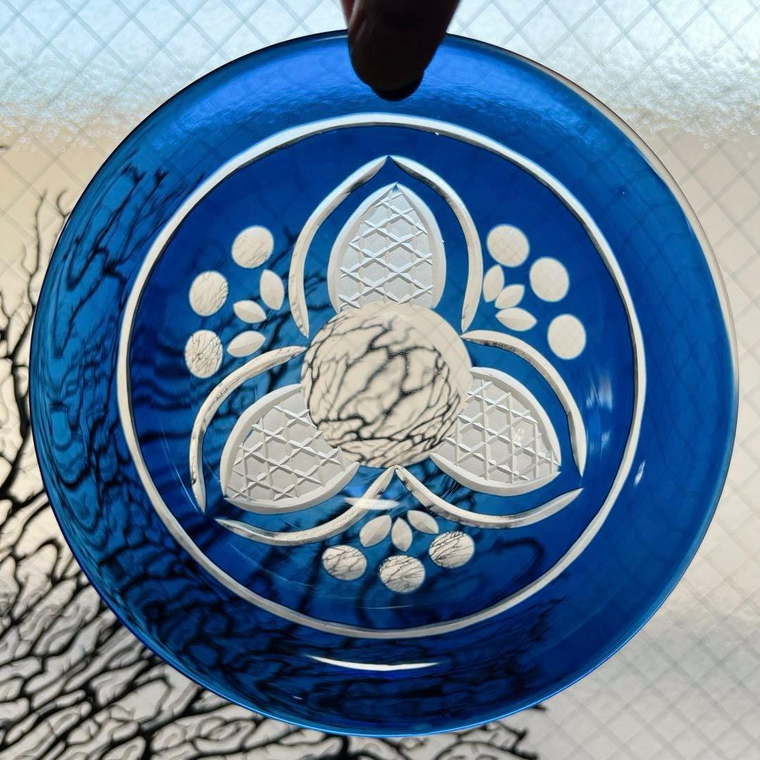 骨董　時代ガラス　希少　群青色被せ　モダンカット　大正浪漫切子　兜型　向付　小鉢