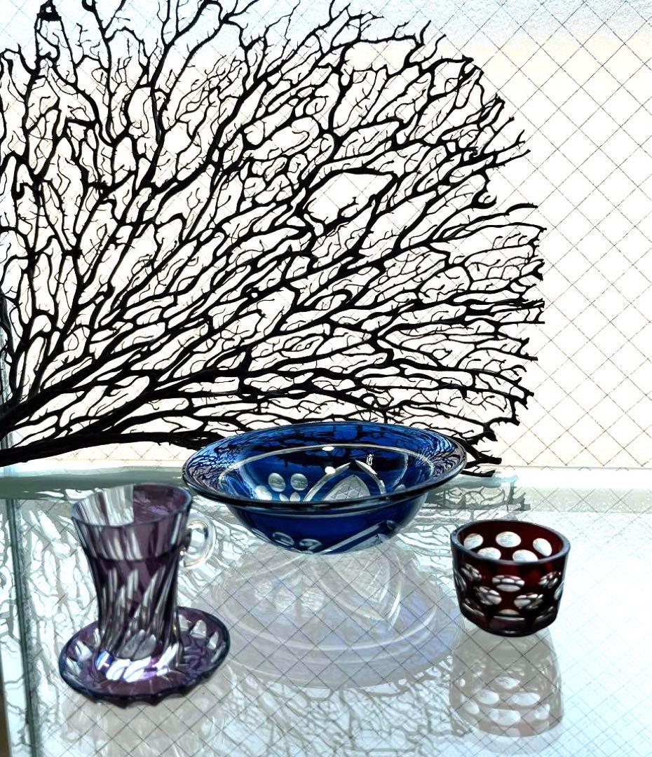 骨董　時代ガラス　希少　群青色被せ　モダンカット　大正浪漫切子　兜型　向付　小鉢