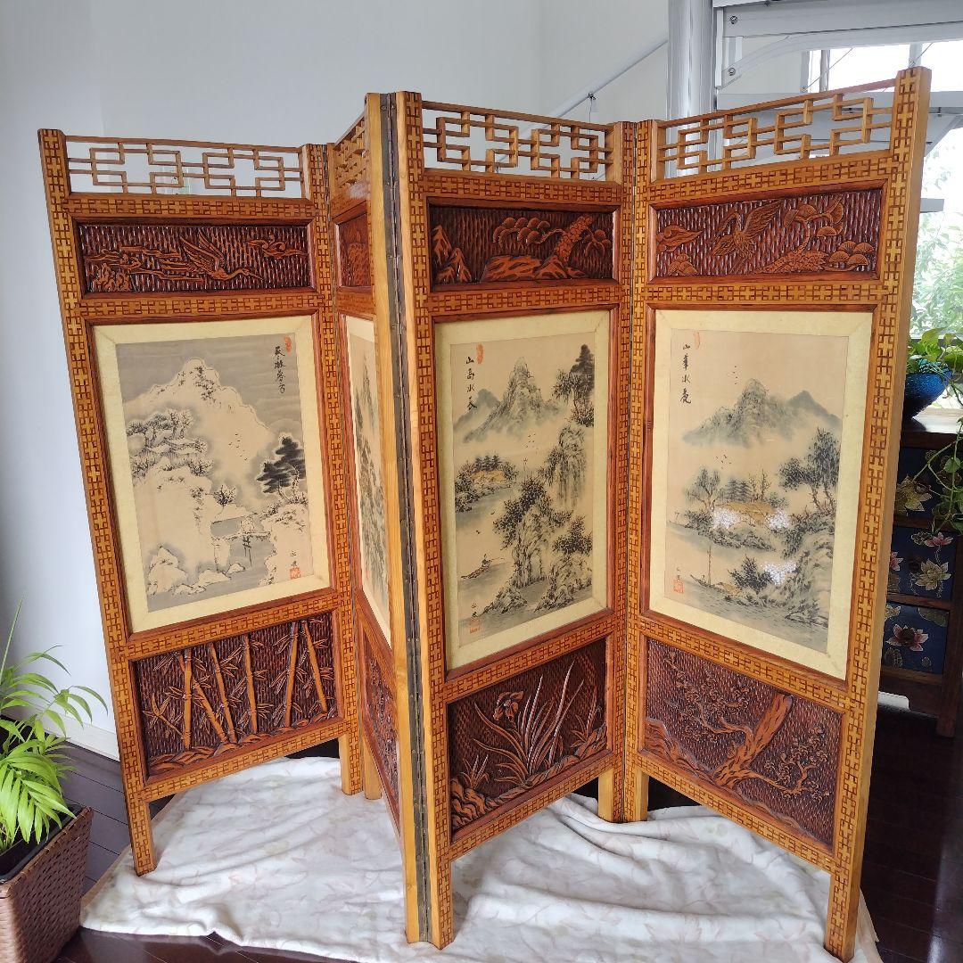 昭和レトロ当時物 美術骨董品 欅 木製衝立4面 水墨画 和モダン