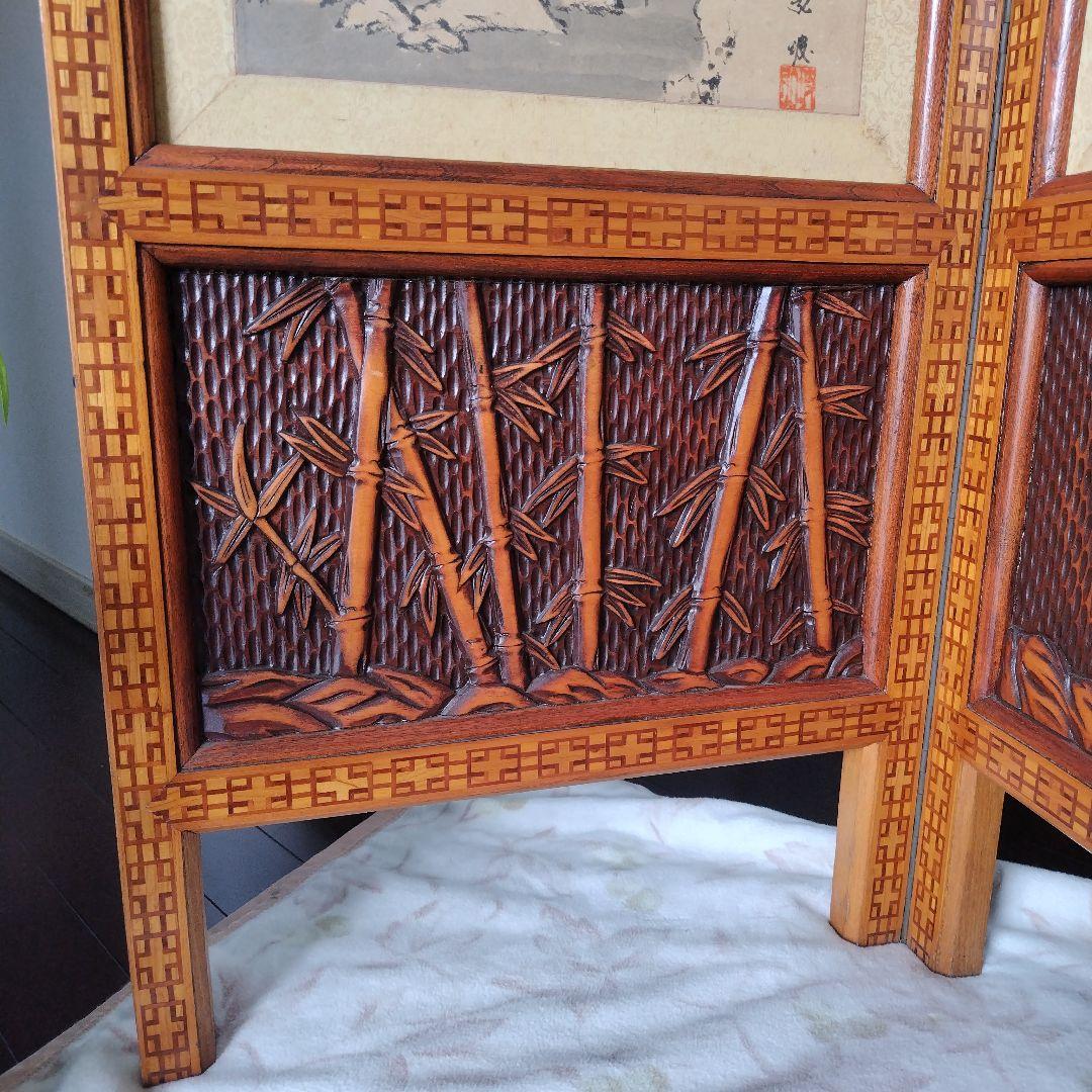 昭和レトロ当時物 美術骨董品 欅 木製衝立4面 水墨画 和モダン