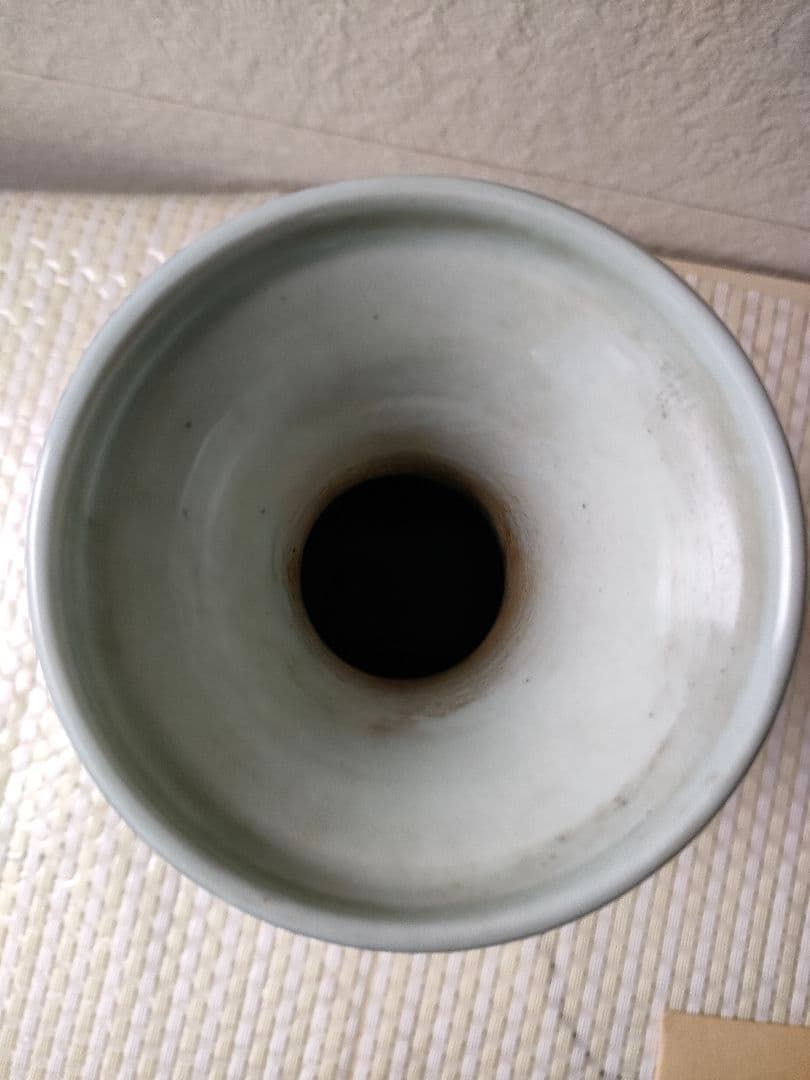 ●染付 青花 花瓶／中国陶磁器 画賛 蓮池水鳥図 高口花入れ