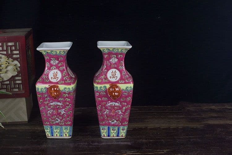 景徳鎮陶磁パステルカラー万寿無疆四方花瓶 陶磁器 装飾品 現代工芸品美術品 置物