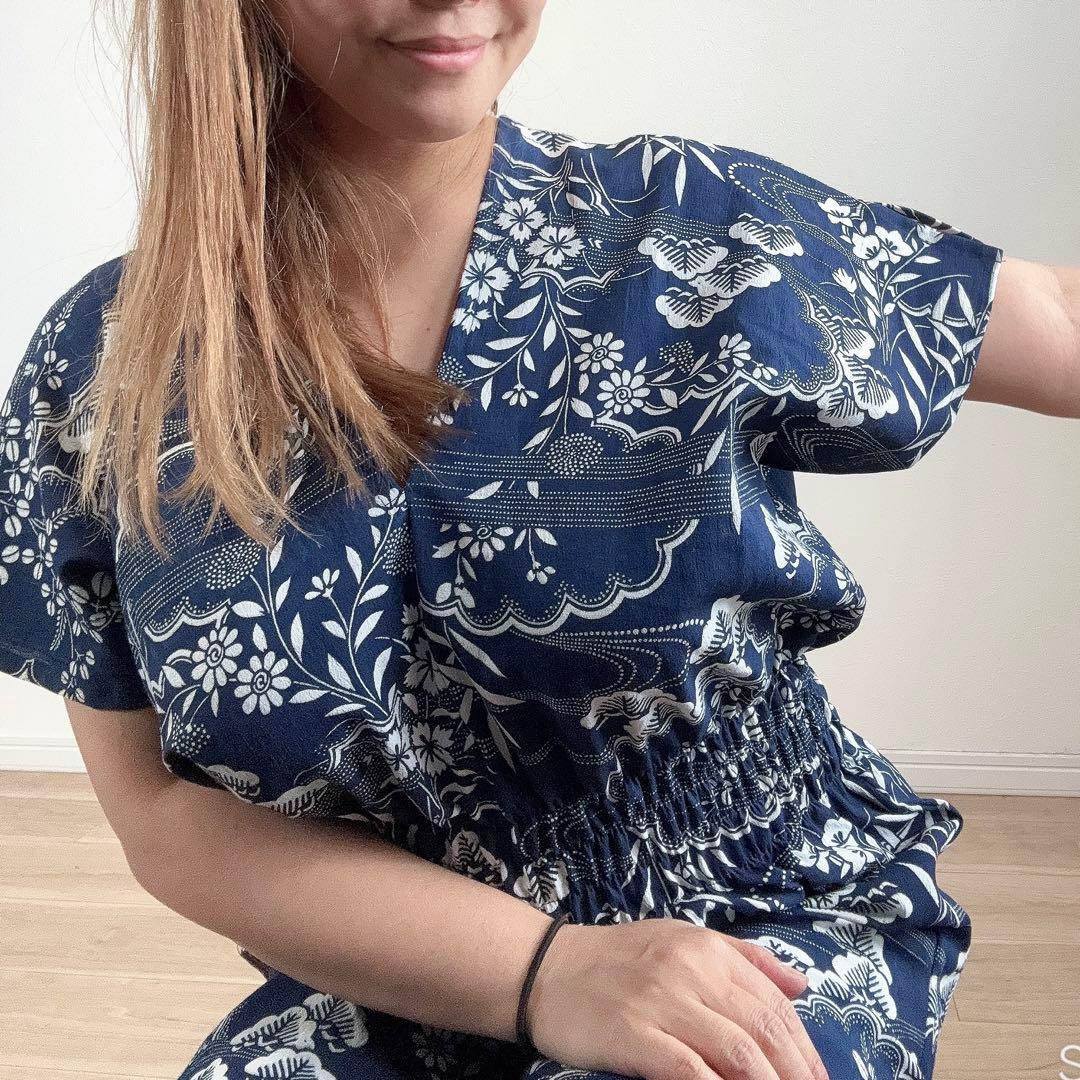 竺仙　浴衣　リメイク　綿縮　ワンピース ハンドメイド　ロング　マキシ　着物　紺