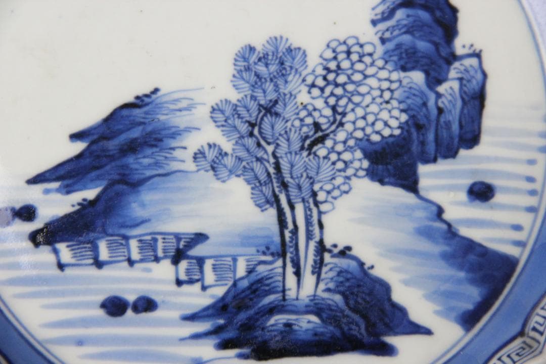 古伊万里 染付 山水図 五枚組 小皿 菓子皿 風景絵 江戸～明治期 Eo21-6