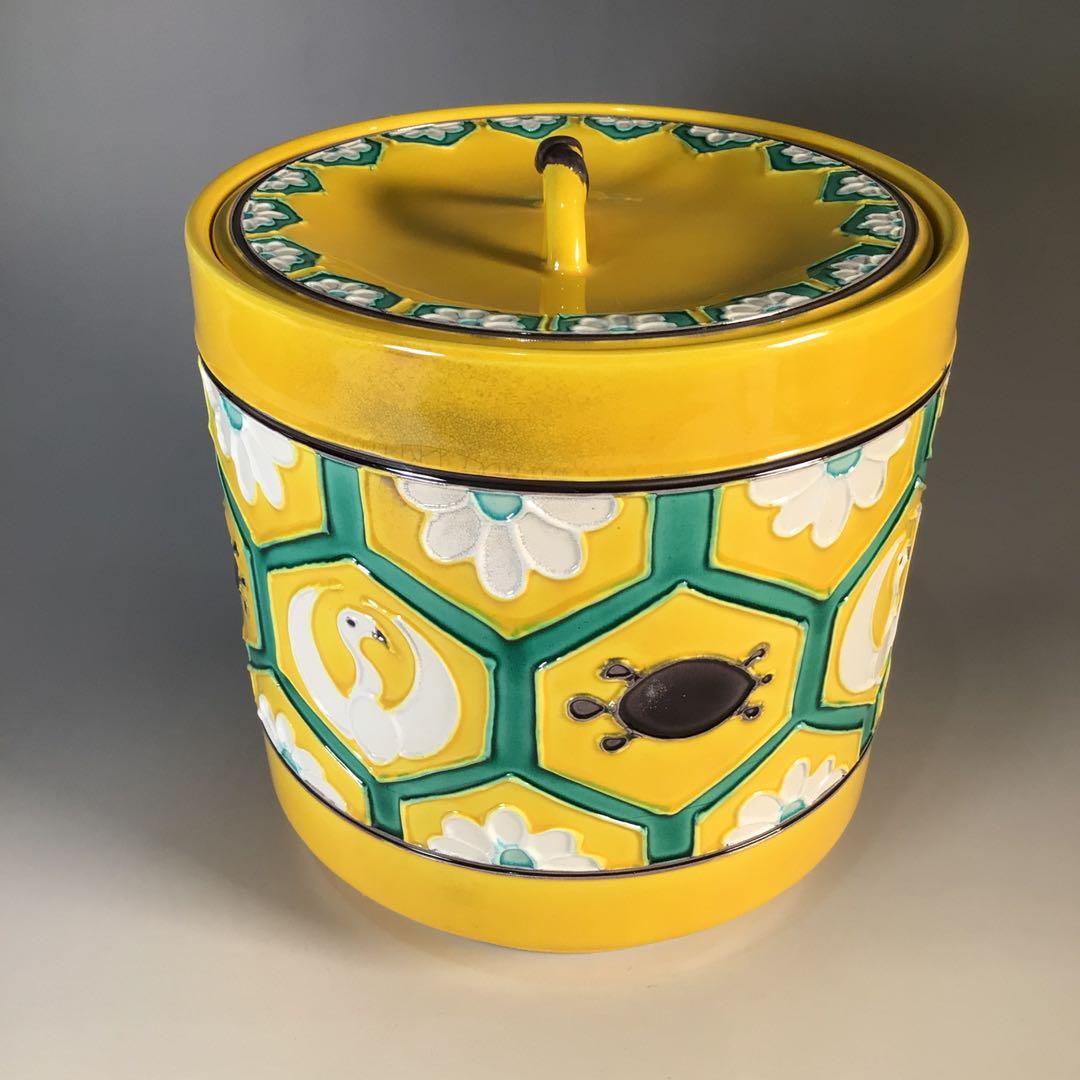 Ｍ４４７　水指　『平安　高野清鳳造』『黄交趾』『亀甲鶴亀文』　共箱　茶道具