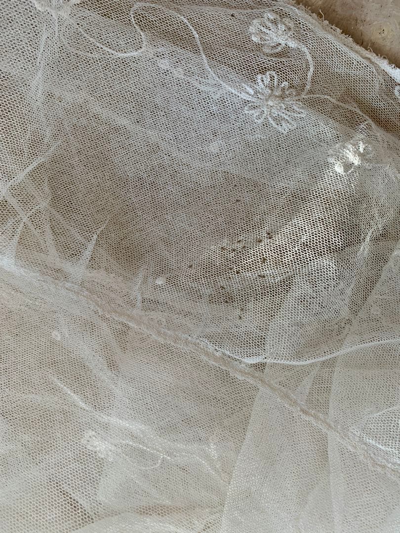 フランスアンティークコーネリー刺繍チュールレースロングカーテン※古色ホワイト