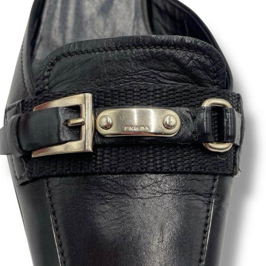 美品 PRADA ロゴ バックル レザー アーカイブ サンダル ミュール 36
