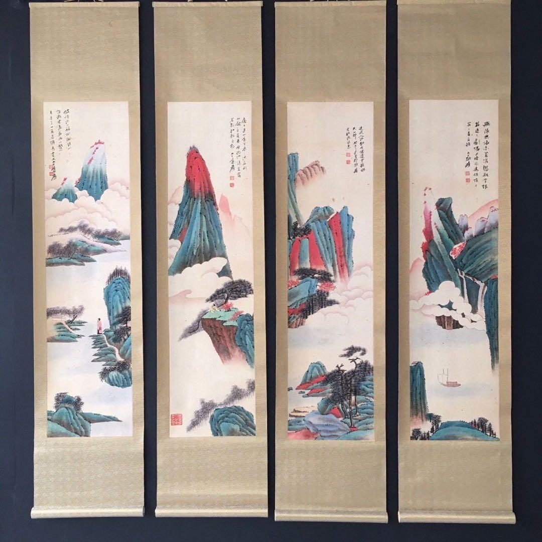 【張大千・四条屏】「水巻山岩」掛軸セット　表装済み／163×38cm