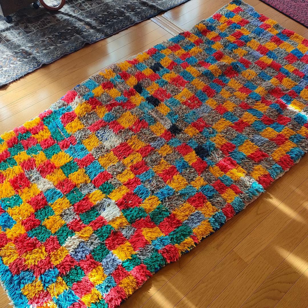 ヴィンテージ モロッコ製 カラフルチェックラグ