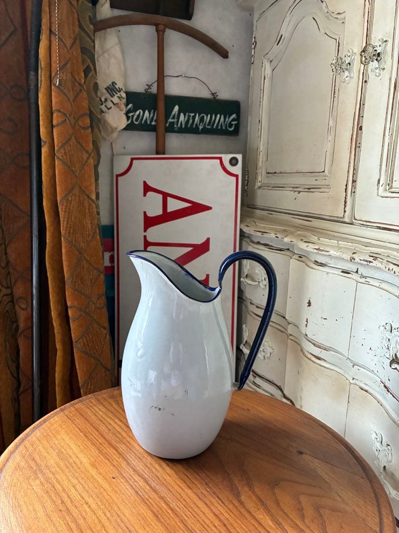 フランス　アンティーク　ホーロー　ジャグ　ピッチャー　水差し　ホワイト　100年
